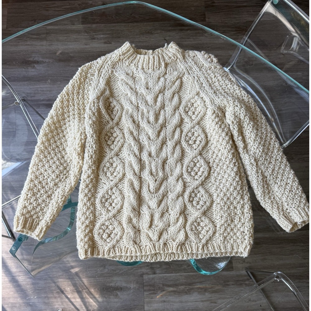 Vintage Irish Fisherman Cable Knit Wool Sweater Made Italy D.H. Holmes Cream‎